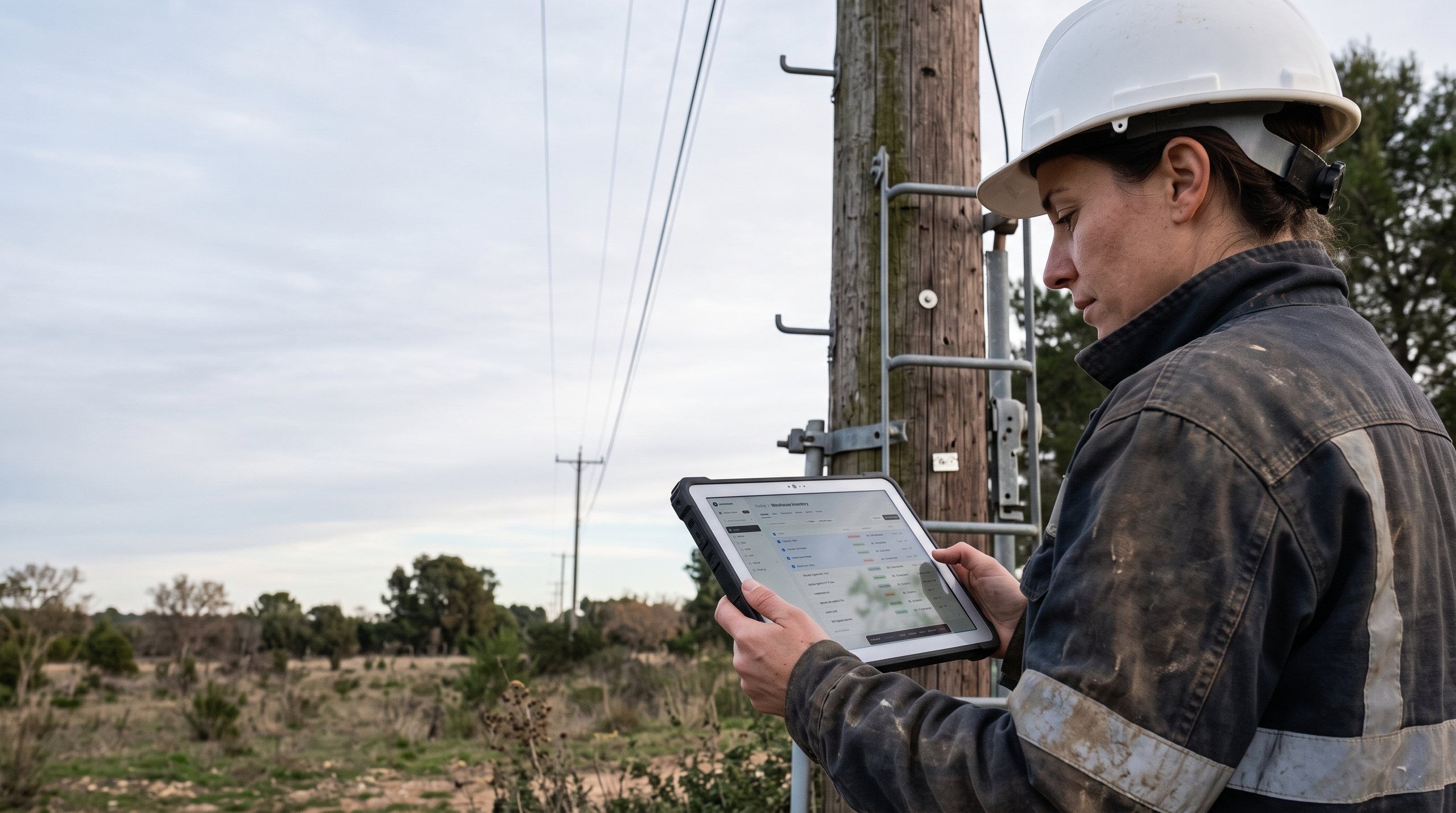 A field technician checks records on a rugged tablet beside a utility pole.